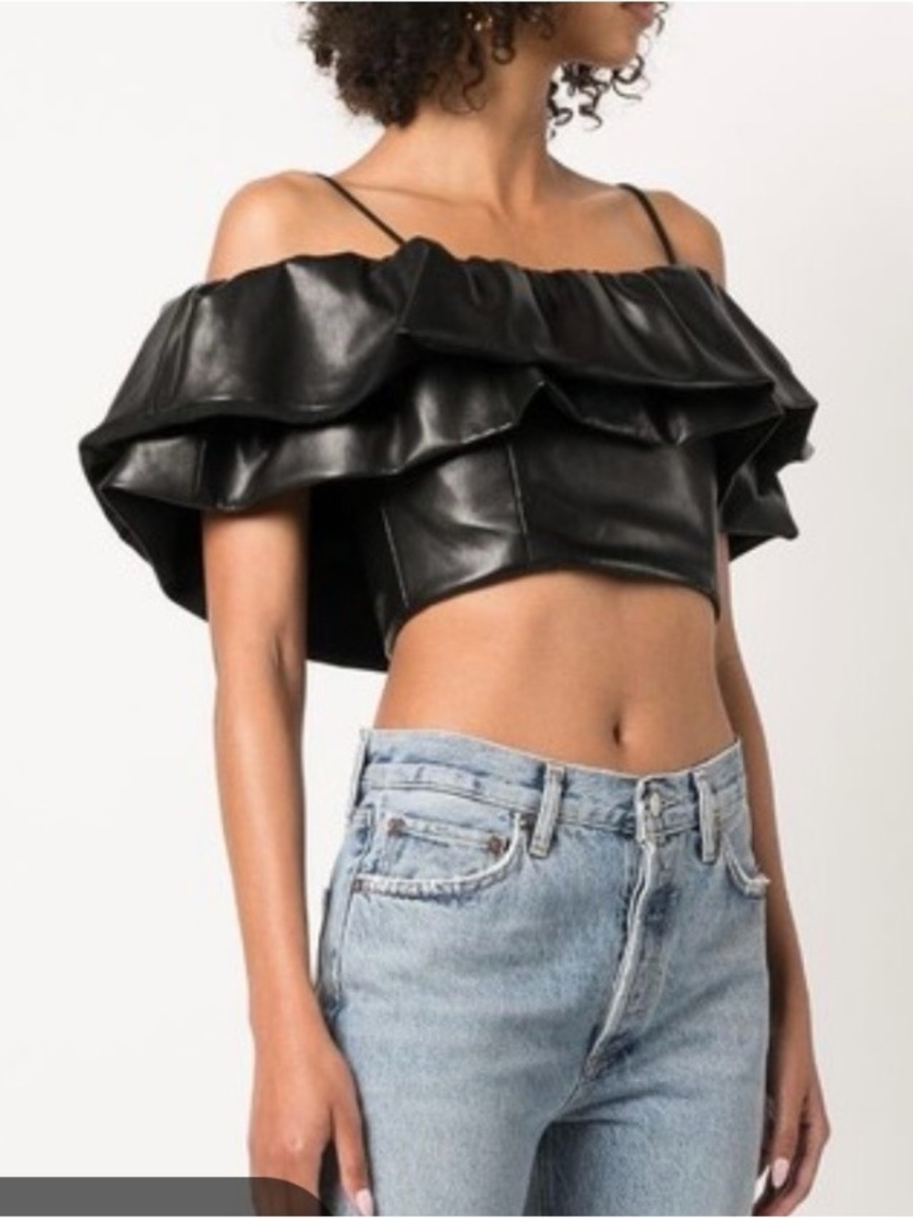 NWT Alice + Olivia 'Nay' Vegan Leather Ruffled Crop Top, Black size 6